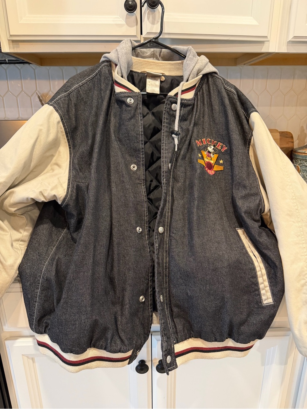 Disney Denim-Style Varsity Jacket with Cream Sleeves & Hood